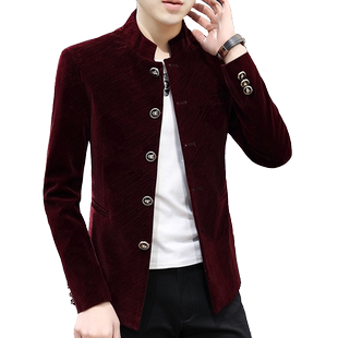 外套男士加绒加厚秋冬季韩版中山装青年潮流帅气立领西装唐装夹克