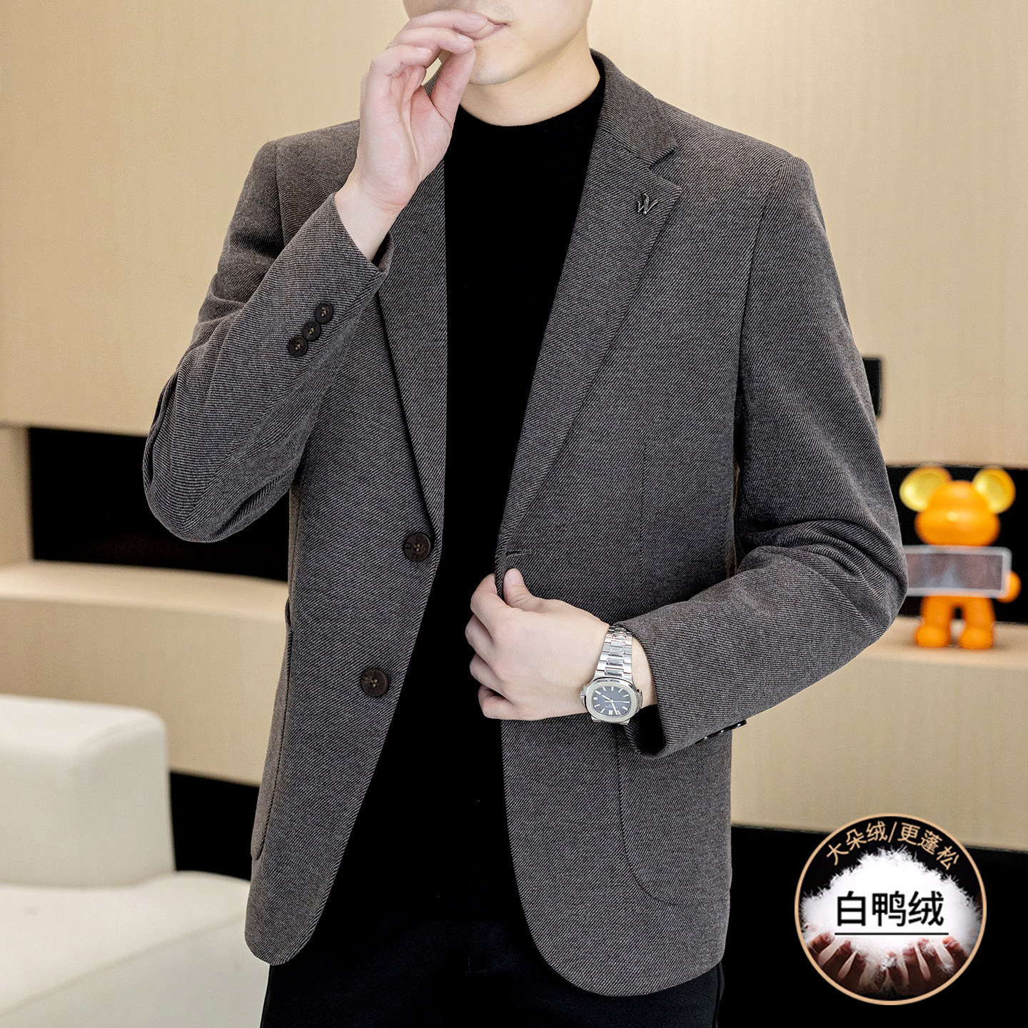 羽绒西装男士秋冬季加厚商务休闲单西高端白鸭绒内胆西服保暖外套