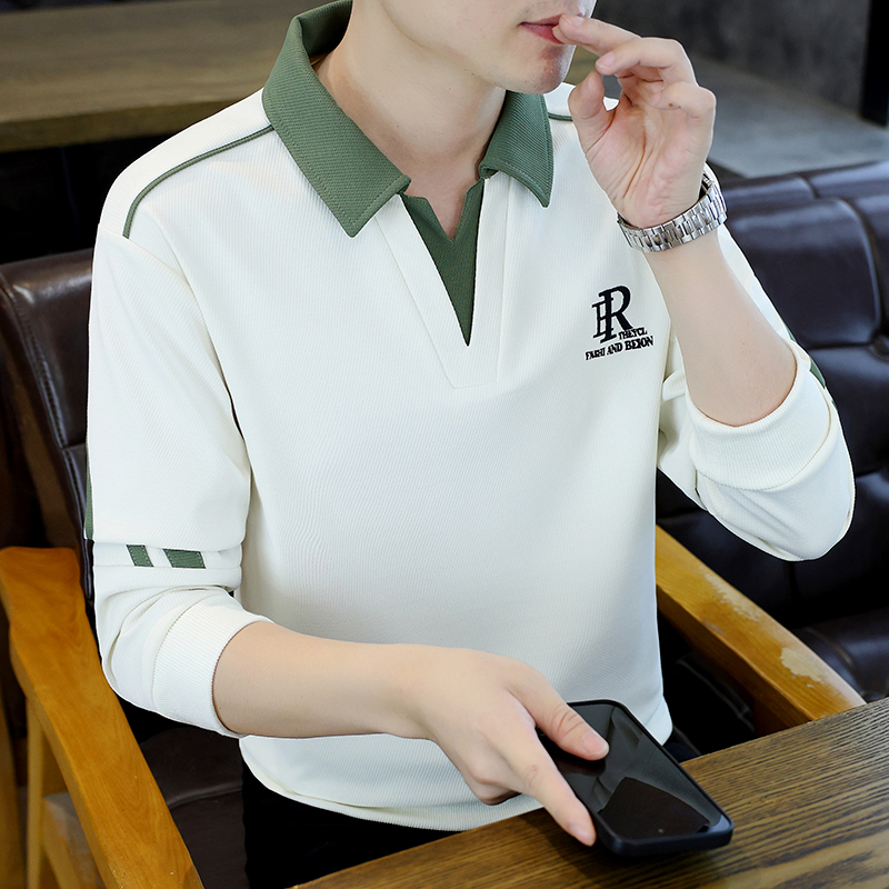 高级感撞色V领长袖T恤男士春秋季POLO衬衫领上衣服套头假两件卫衣