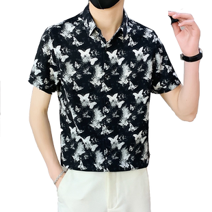 潮牌韩版帅气短袖衬衫男夏季时尚蝴蝶半袖花衬衣垂感情侣夏装上衣