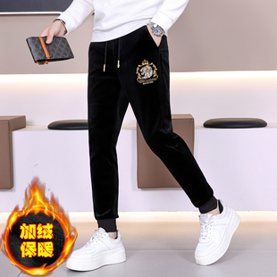 秋冬季高端潮牌休闲裤子男士刺绣金丝绒束脚卫裤加绒加厚保暖长裤