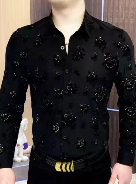 高端轻商务休闲衬衣男士春秋季时尚痞帅植绒提花黑金玫瑰长袖衬衫