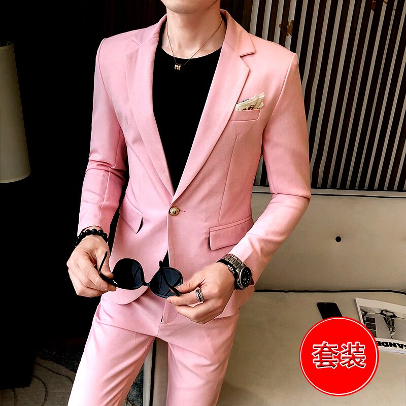 男士夜店西服一套装发型师潮流粉色时尚小西装男帅气休闲伴郎礼服