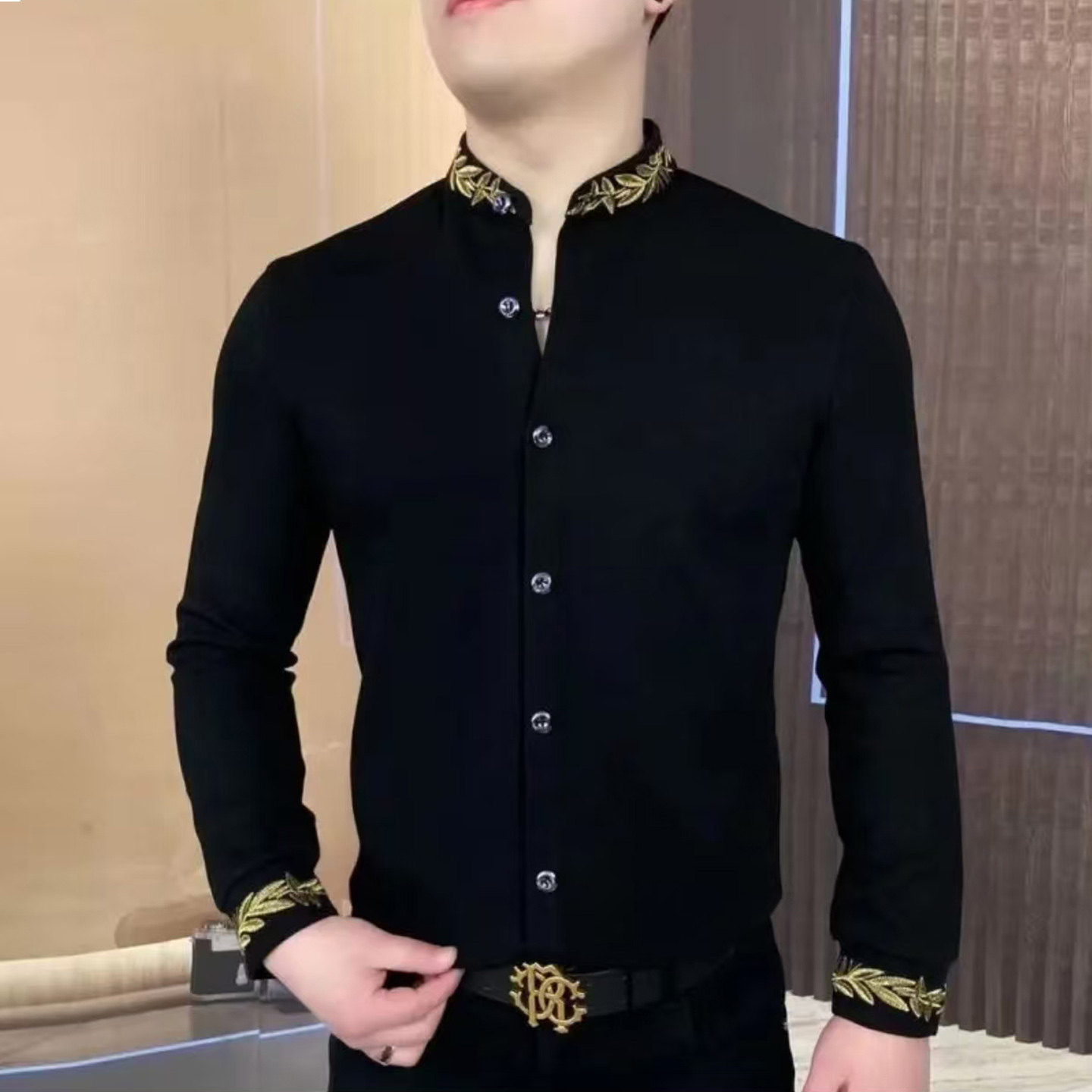 中国风潮流长袖衬衫男士秋冬季时尚刺绣加绒加厚衬衣立领保暖上衣