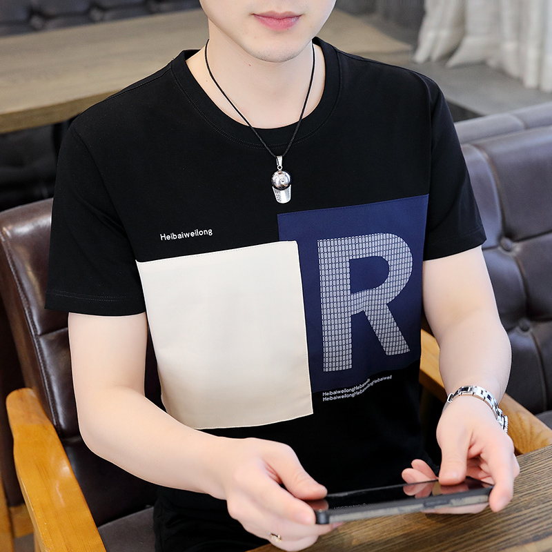 夏季新款休闲圆领短袖t恤男士韩版潮流个性拼接打底体恤小衫潮男