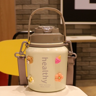 不锈钢保温杯食品级女士高颜值双饮简约清新水杯儿童背带方形水壶