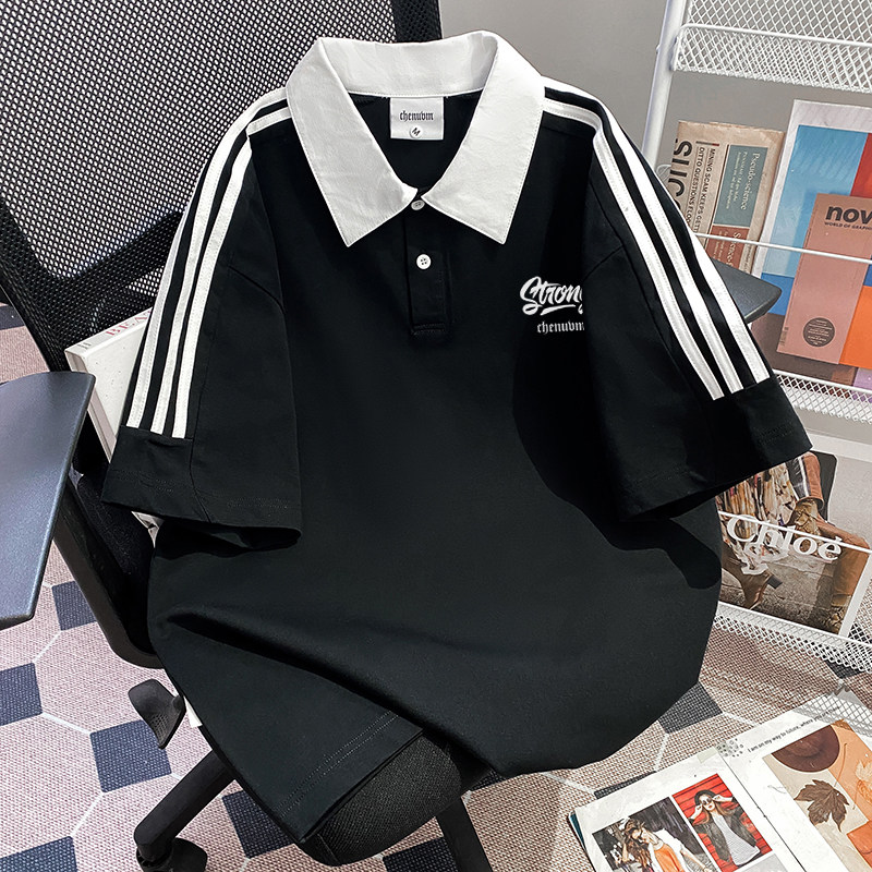 CHENUVM美式重磅polo衫三条杠短袖t恤男夏季宽松纯棉潮流插肩上衣