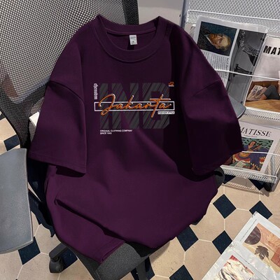 美式重磅紫色短袖t恤男夏潮半袖