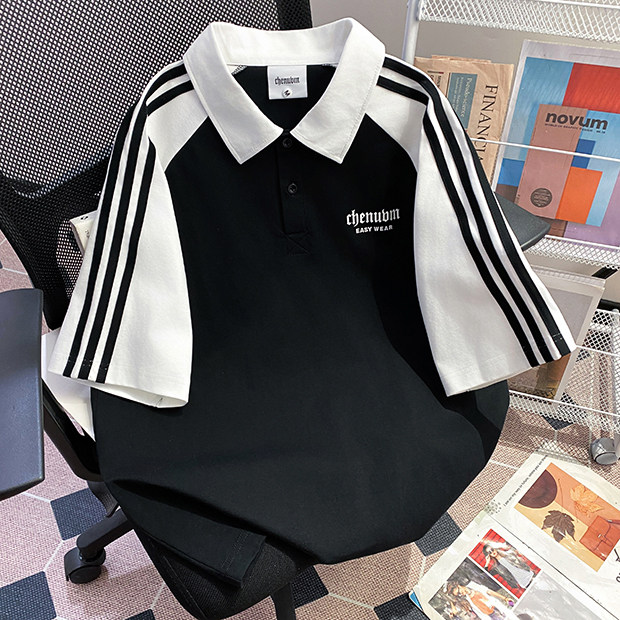 CHENUVM2026夏季新款三条杠重磅纯棉短袖POLO衫男美式翻领上衣潮