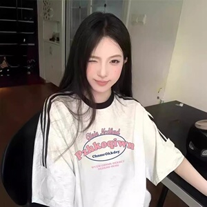 学院风初中女生纯棉短袖T恤夏季少女宽松休闲复古拼接条纹上衣in