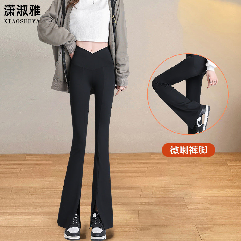 微喇鲨鱼裤女外穿2024春季新款小个子打底裤高腰显瘦开叉喇叭裤子