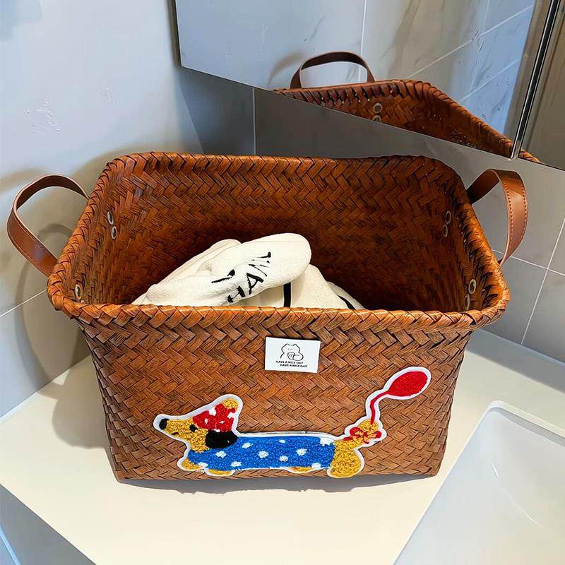 腊肠小狗编织收纳筐杂物复古仿藤编大容量零食玩具筐脏衣篓防水篮