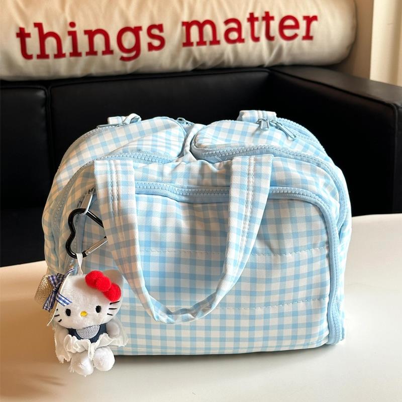 蓝色格子化妆包大容量收纳包女可携式外出分区旅行洗漱包2025新款