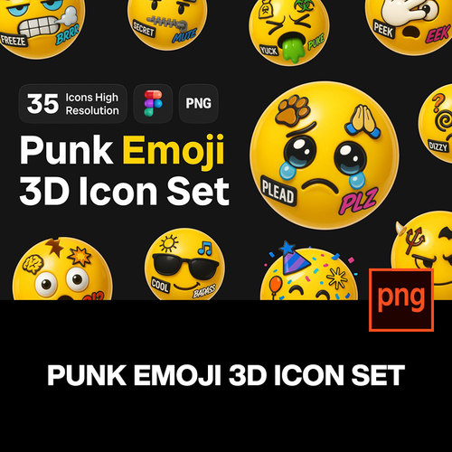 35款3D趣味卡通Emoji潮流朋克风格笑脸情绪表情包png免抠图片素材