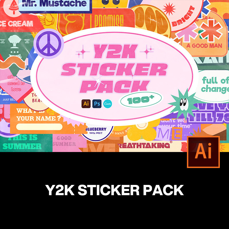 100款潮流复古Y2K趣味创意卡通标签贴纸logo图标插图ai设计素材