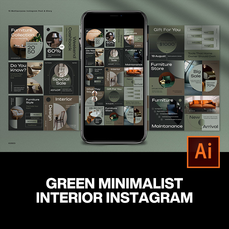 15款绿色极简主义现代几何ins公众号推文排版设计ai版式素材模板