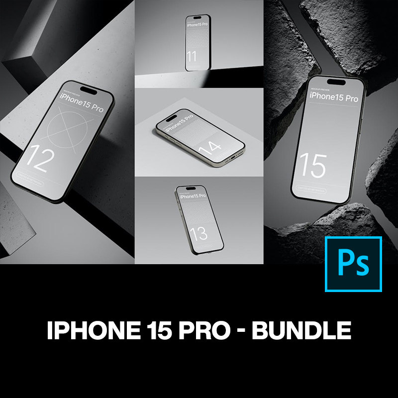 5款极简工业风iPhone15手机广告app界面贴图ps样机素材展示效果图