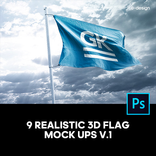 9款逼真立体褶皱飘扬旗帜国旗队旗设计贴图ps样机素材展示模板