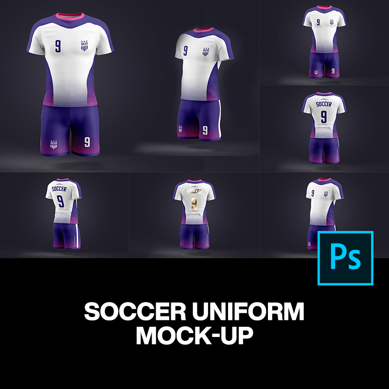 4款3D立体足球运动服队服套装服装设计贴图ps样机素材展示效果图