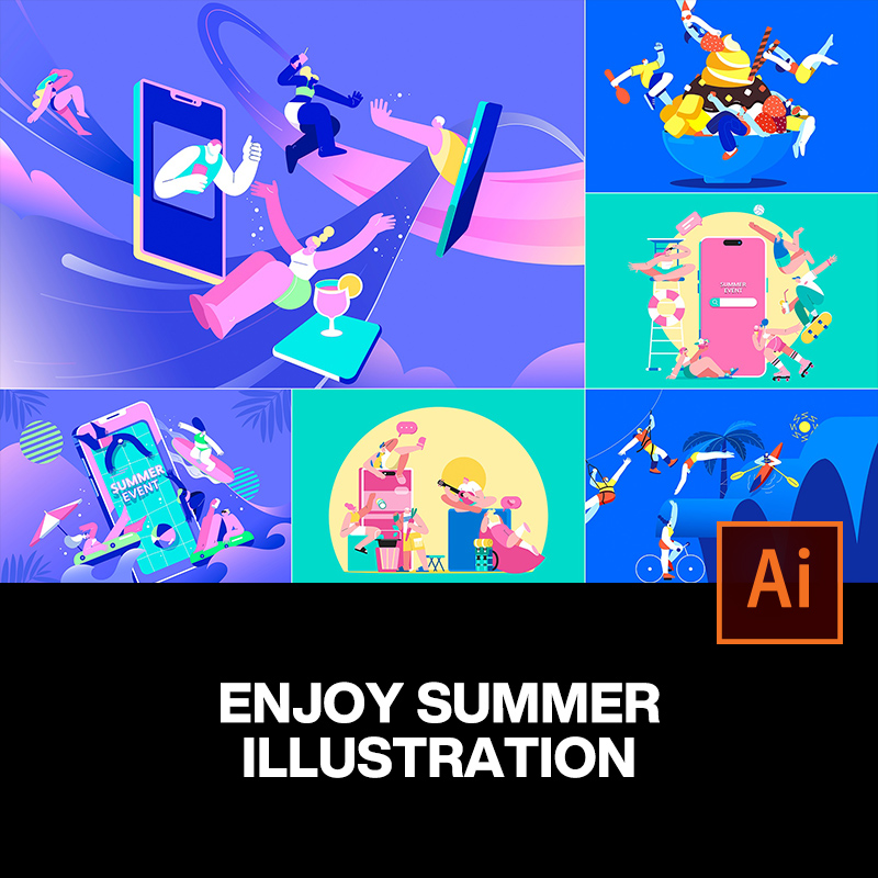 9款潮流时尚扁平化夏季派对度假人物插图插画ai设计素材源文件