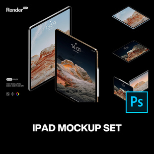 iPad平板电脑App网页ui广告设计贴图ps样机素材展示效果图模板 4款