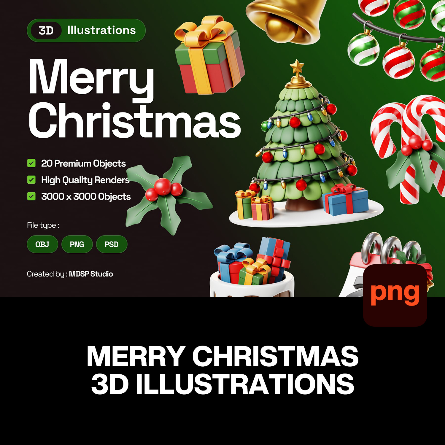 20款创意时尚3D卡通圣诞节新年装饰礼物插图插画png免抠图片素材