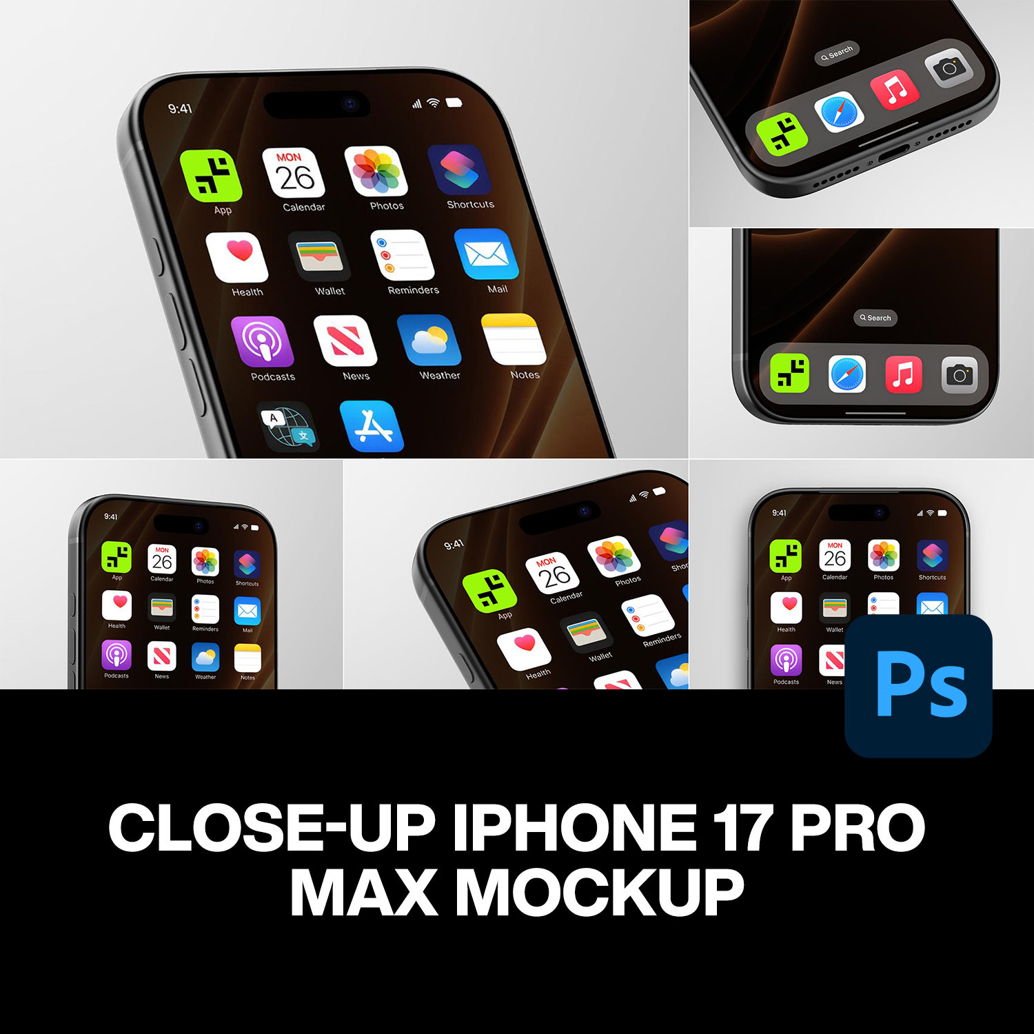 7款iPhone 17手机App应用图标logo设计局部特写展示效果图ps样机