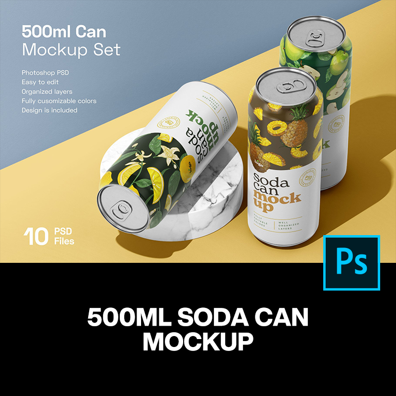 10款500ml听装易拉罐苏打水饮料罐装啤酒产品包装设计贴图ps样机