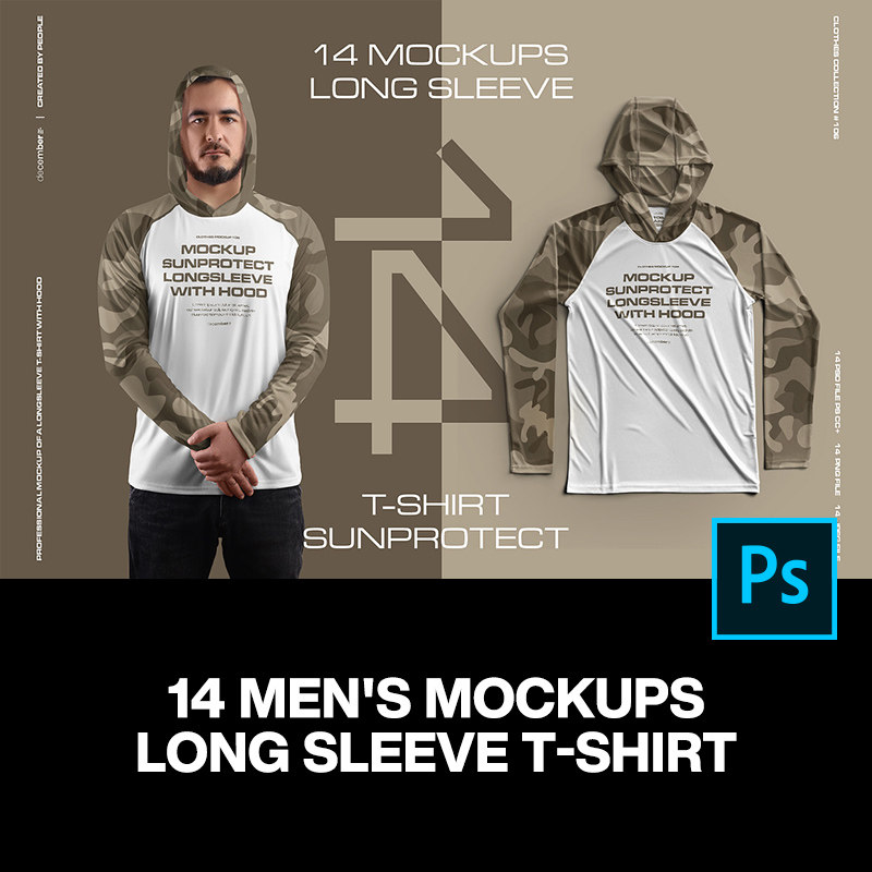 14款男模特上衣长袖连帽T恤速干防晒卫衣服装设计ps样机素材模板