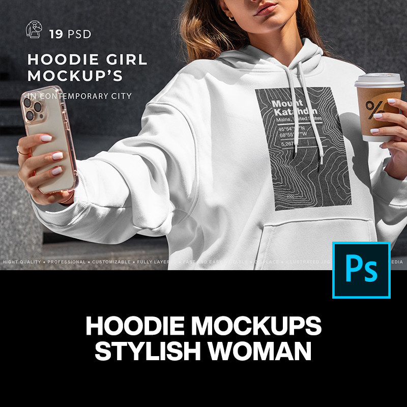 19款长袖卫衣连帽衫服装设计ps样机素材女模特街拍场景展示效果图