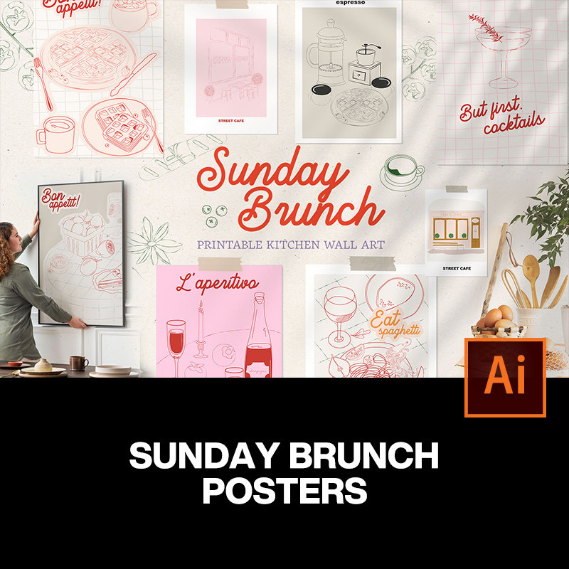 50款网红咖啡馆餐厅Brunch早午餐装饰手绘插画海报挂画ai设计素材