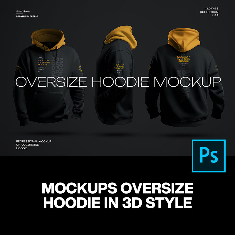 6款Oversize大码上衣连帽衫卫衣服装设计3D展示效果图ps样机素材