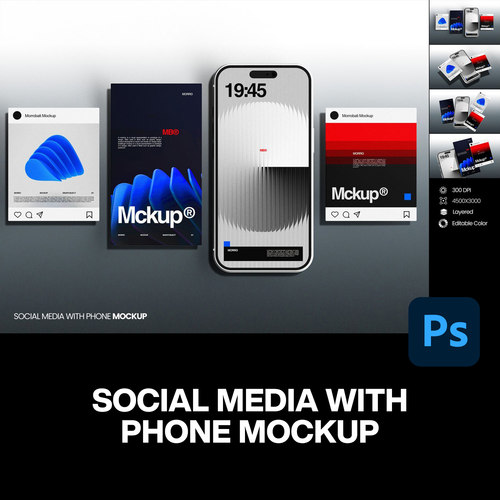 4款iPhone手机3D公众号推文社媒广告设计作品展示效果图ps样机