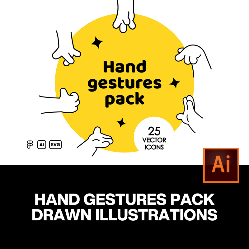 25款趣味卡通手绘线性手指手语手势插图插画表情包ai矢量设计素材