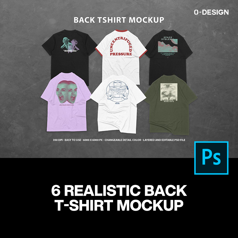 6款潮流落肩潮牌短袖T恤上衣背面印花图案设计贴图ps样机素材模板