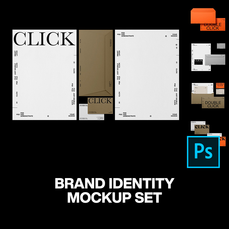 5款信封信纸名片文具品牌形象VI应用设计作品ps样机素材展示效果