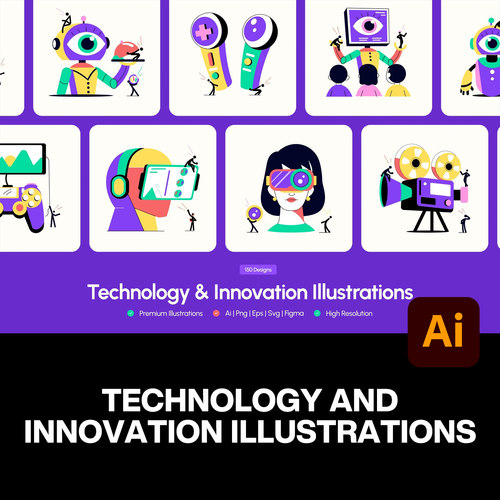 150款潮流未来科技创新人工智能机器人扁平化插图ai矢量设计素材