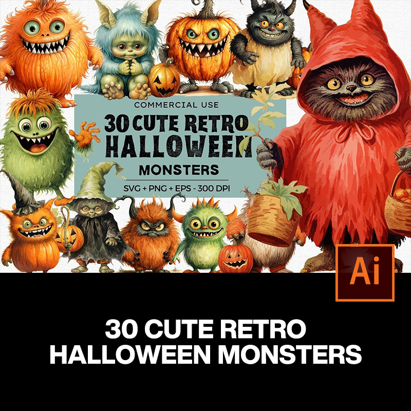 30款趣味可爱3D万圣节南瓜怪兽怪物卡通形象插图插画矢量设计素材