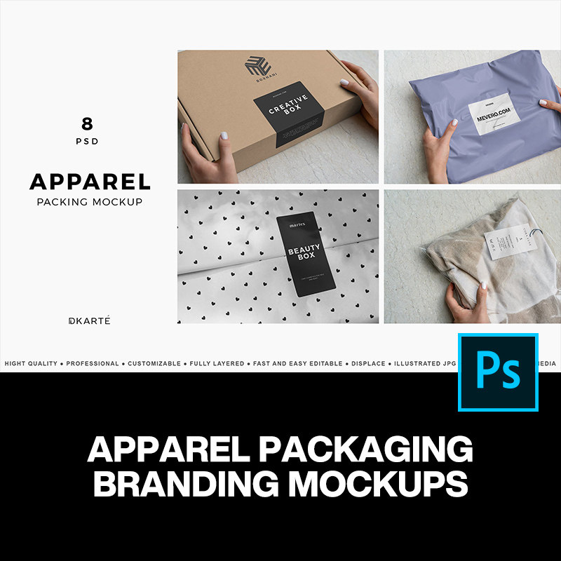 8款服装品牌快递打包盒纸盒贴纸标签包装logo贴图ps样机素材模板