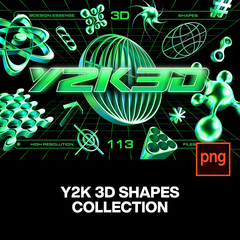 113款绿色3D立体复古科幻Y2K抽象艺术几何图形png免抠图片素材