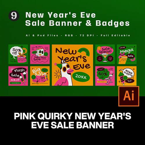 9款创意时尚新年促销折扣大促banner手绘插画广告ai矢量设计素材
