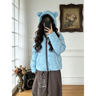 日系星星满印可爱连帽棉服女款冬季小个子保暖面包服外套