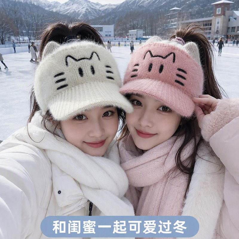 秋冬毛绒猫耳空顶保暖帽女款图片