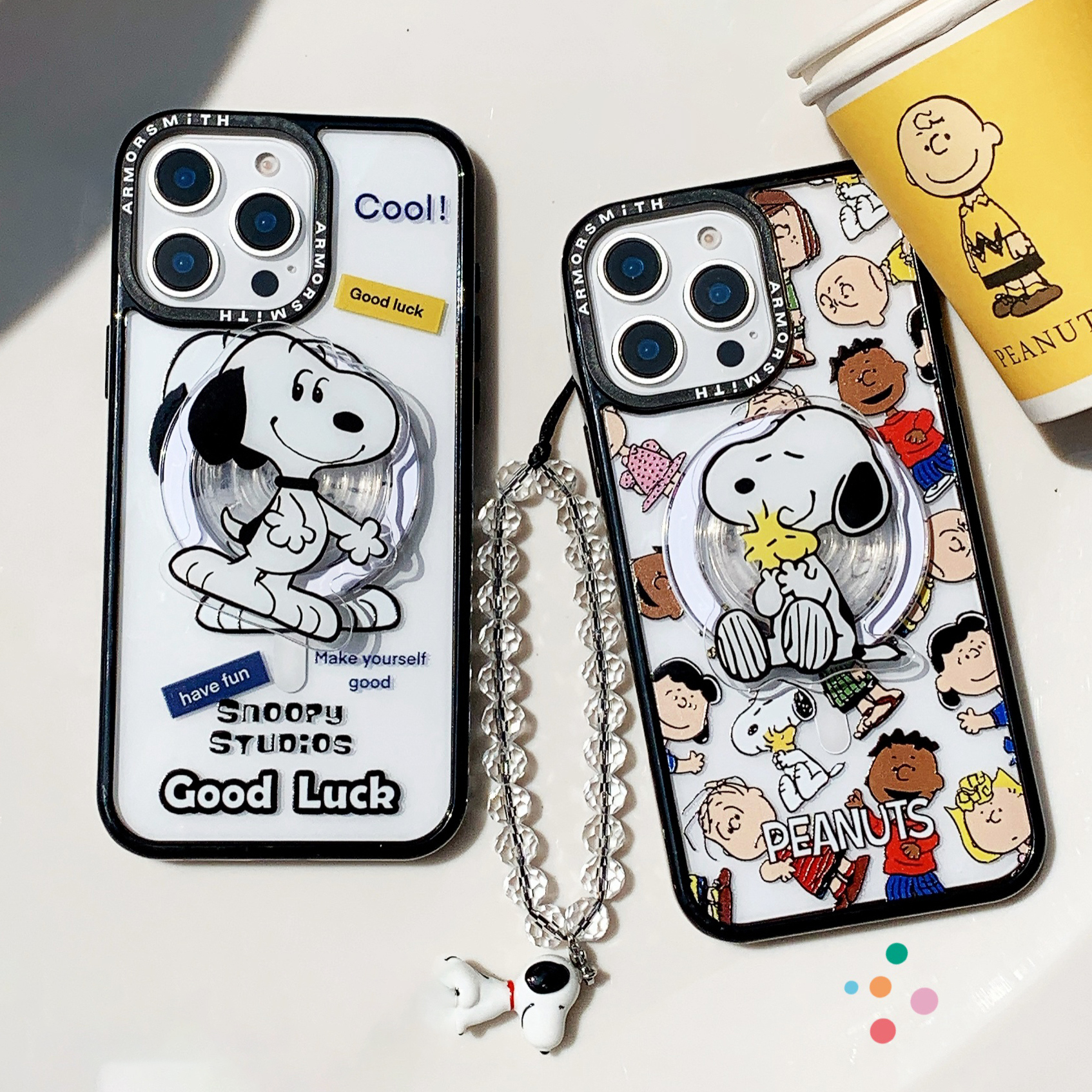 幸运可爱史努比磁吸支架适用iPhone16promax手机壳苹果15pro防摔13/14全包12pm透明11magnetic保护套plus挂绳