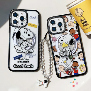幸运可爱史努比磁吸支架适用iPhone16promax手机壳苹果15pro防摔13/14全包12pm透明11magnetic保护套plus挂绳