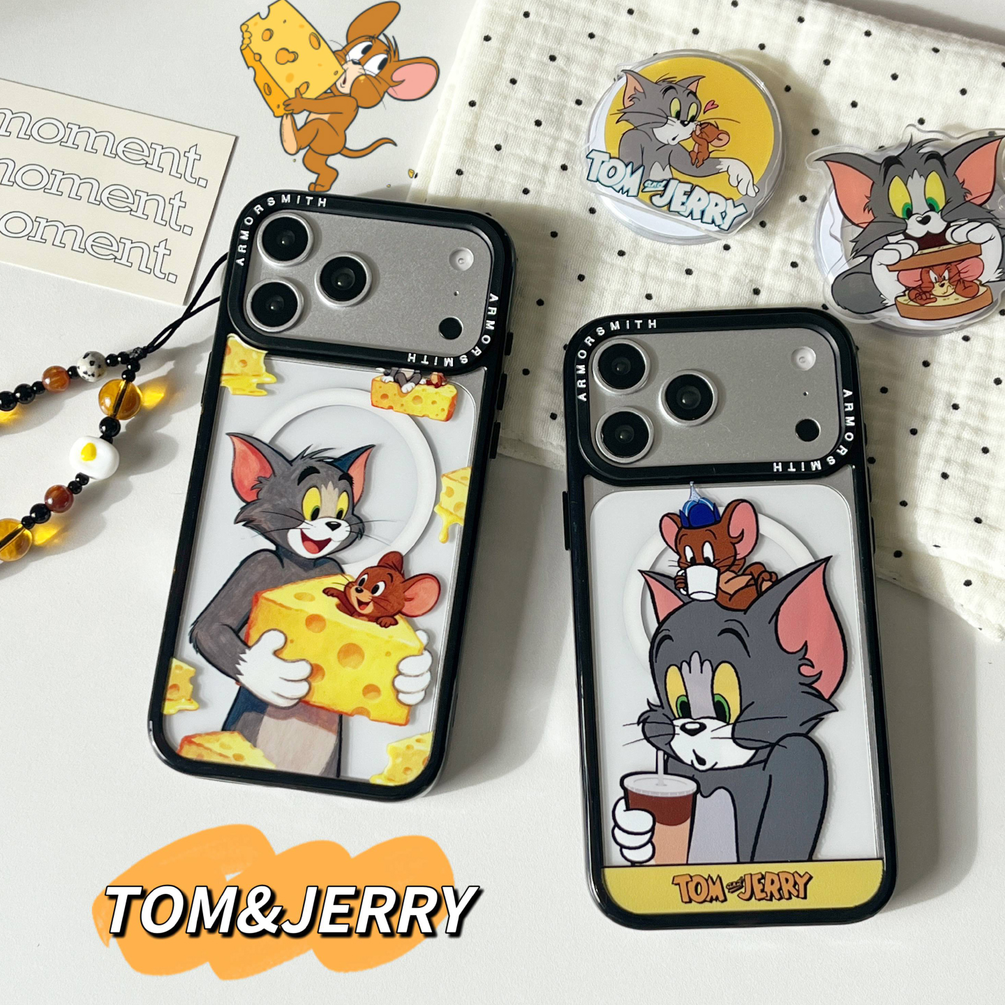 奶酪猫和老鼠趣味磁吸支架手机壳适用iPhone17pro防摔苹果16promax可爱15plus创意13/14magsafe无线充电机套