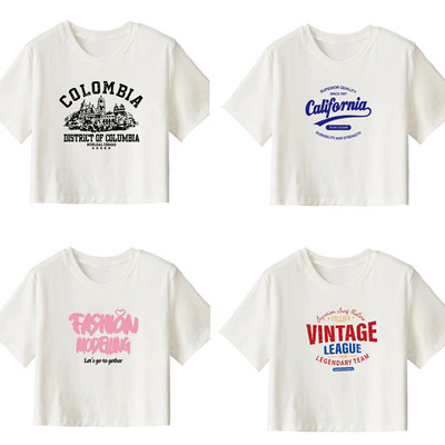 白色英文字母数字短袖t恤2025新款棉高腰短款女装上衣夏季小个子T