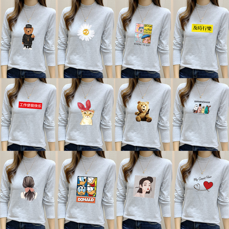 新款灰色英文字母t恤半高领长袖女装小孩子上衣11-14-17-20-30岁8