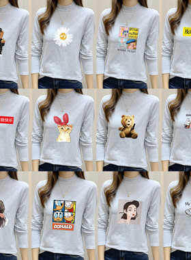 新款灰色英文字母t恤半高领长袖女装小孩子上衣11-14-17-20-30岁8