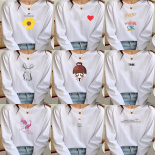 春装新款白色印花图案长袖T恤女装初高中学生10-12-14-16-18-30岁